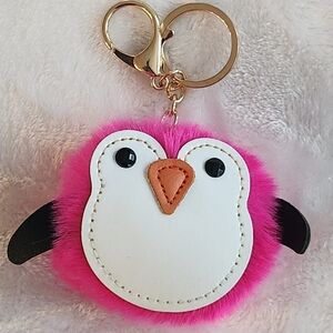 Pink Penguin Keychain with Gold Accents Fluffy Bag Charm